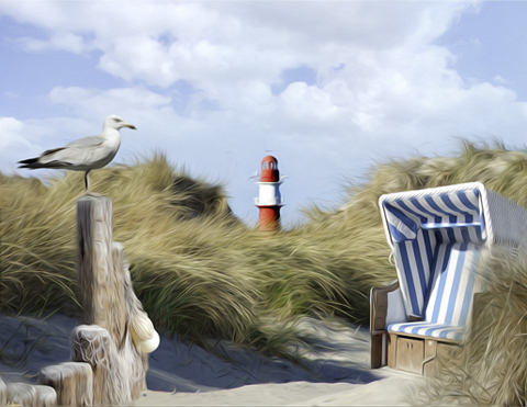 Dünenlandschaft mit Leuchtturm, Strandkorb und Möve - Digitale Fotografie und Bildbearbeitung Dünenlandschaft mit Leuchtturm, Strandkorb und Möve - Digitale Fotografie und Bildbearbeitung